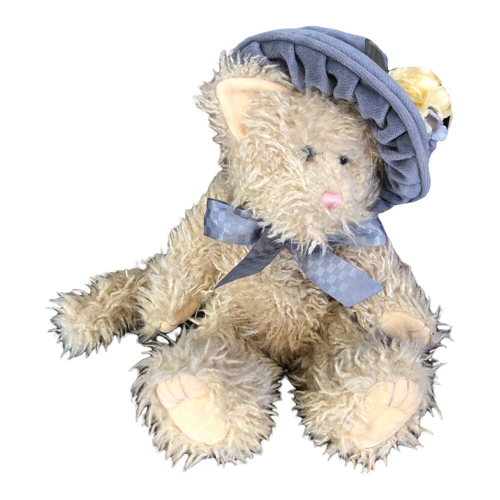 Boyds Bears Kitty Long Tail Cat Big Blue Bow Floral Hat Tush Tag Pellet Filled‎